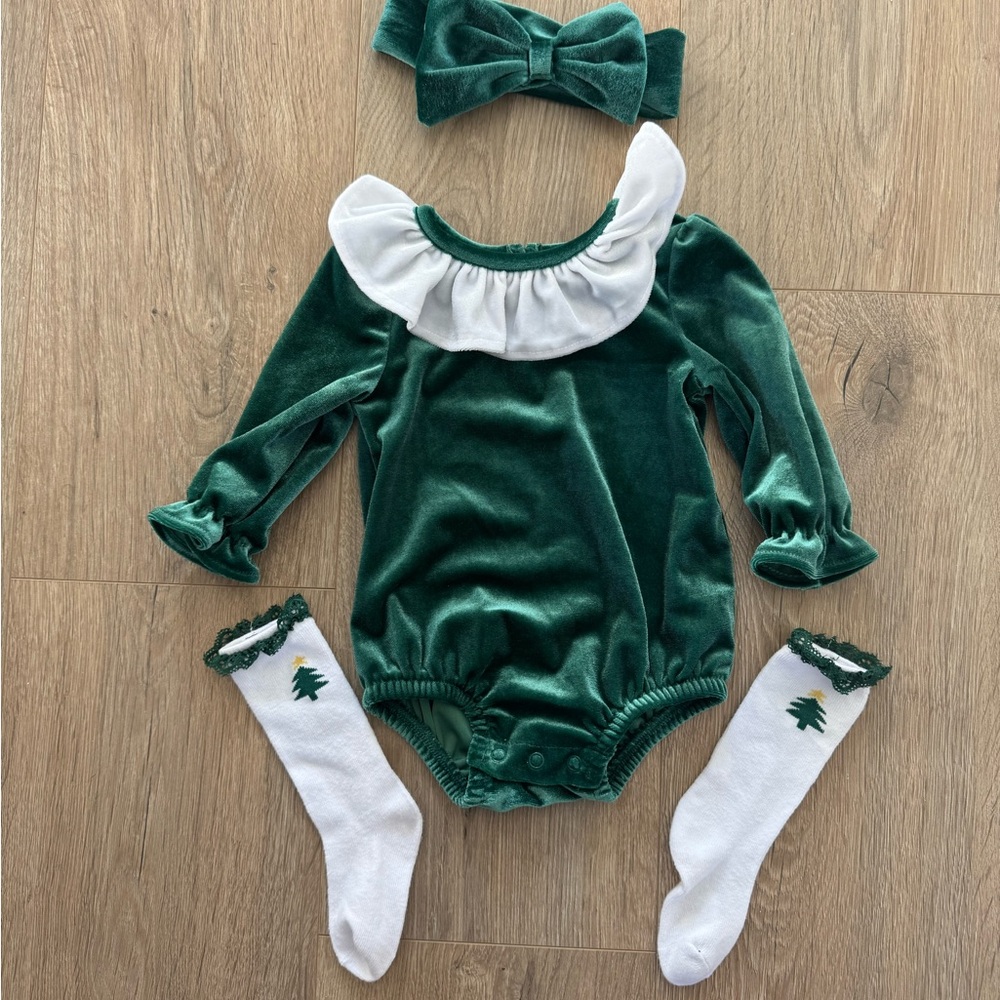 Green Velvet Kids Costume with Headband and Socks